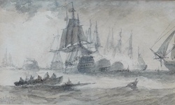 William Calcott Knell (19th C.), watercolour, Shipping at sea, signed and dated 1875, Colin Denny, London inscribed label verso, 10 x 17cm. Condition - fair